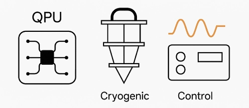 Illustration representing quantum hardware components including a QPU, cryogenic system, and control electronics.