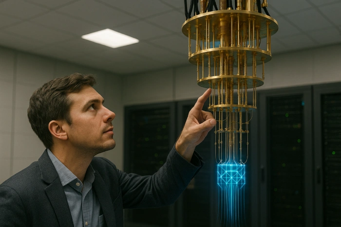 Engineer examining a quantum computer’s cryogenic processor with illuminated components in a high-tech laboratory