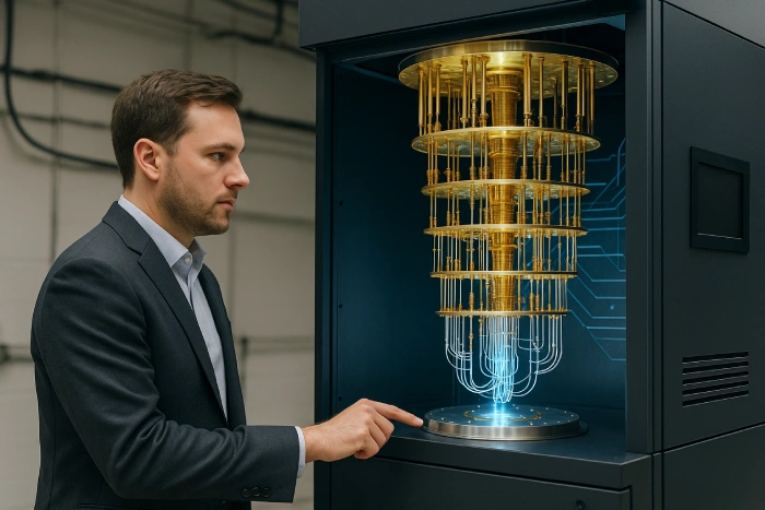 Engineer interacting with a quantum computer featuring a large gold cryogenic processor unit inside a high-tech lab
