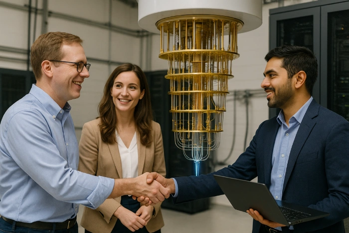 Team of professionals smiling and shaking hands in a laboratory with a quantum computer processor in the background